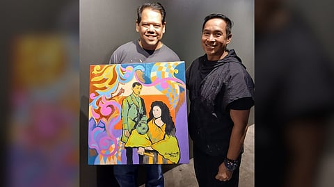 ‘SI Pepe At Si Josie,’ a juxtaposition of two originally separate photo images of our national hero, Jose Rizal and his common-law wife, Josephine Bracken. Photo shows artist Reuben Laurente (right) with the art patron, jingle-record producer and music arranger-director Gino Cruz (left), who is a fifth degree consanguinity descendant of Rizal.