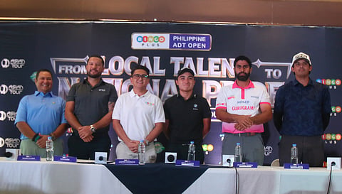 LUISITA Golf and Country Club general manager Bones Floro (left) and AB Leisure Exponent Inc. president Jasper Vicencio (third from left) formally open the BingoPlus-ADT Philippine Open on Tuesday. Also shown are Asian Development Tour general manager Ken Kudo (second from left), and players Sean Ramos (third from right), Pukhraj Singh, (second from right) and Keanu Jahns.
