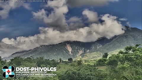 The Kanlaon Volcano Observatory–Canlaon City (KVO-CC) IP Camera captured the ash emission from the Kanlaon Volcano summit crater at 8:58 AM, Tuesday, 16 June 2026. PHIVOLCS said the event generated grayish plumes that rose 500 meters above the crater before drifting southwest. (PHOTO screenshot from PHIVOLCS).