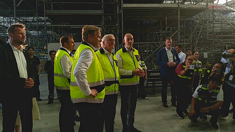 German President Frank-Walter Steinmeier (center) views aircraft parts during a tour of the Lufthansa Technik Philippines facility led by LTP President and CEO Holger Beck (right) and Lufthansa Technik AG President and CEO Soeren Stark at the MacroAsia Special Economic Zone, Villamor Air Base, Pasay City.