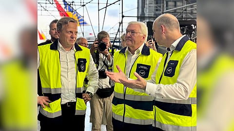 LUFTHANSA Technik CEO Soeren Stark (left), and Holger Beck, CEO and president, Lufthansa Technik Philippines (right), orient Federal Republic of Germany president Frank Walter Steinmeier (center) during his visit to the German firm’s headquarters in Pasay City on Tuesday. 