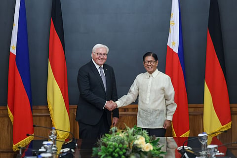 Federal Republic of Germany President Frank Walter Steinmeier and President Ferdinand Marcos Jr. shake hands after their bilateral meeting at Malacanang Palace on Tuesday.