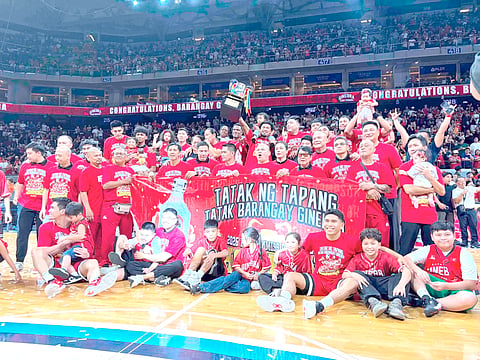BARANGAY Ginebra celebrates after dethroning TNT Tropang 5G in the PBA Season 50 Commissioner’s Cup last night at the Mall of Asia Arena.  