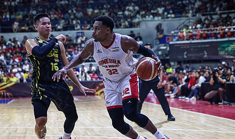RR Pogoy of TNT (left) admits that he is gassed out after guarding Ginebra import Justin Brownlee in the PBA Season 50 Commissioner’s Cup finals series.