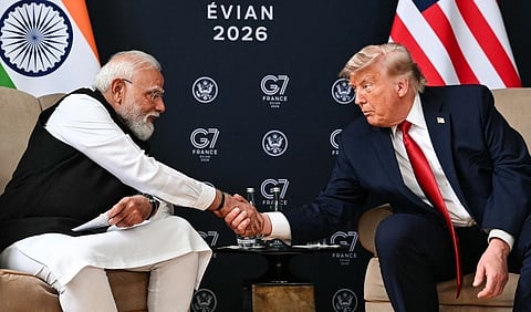 UNITED States President Donald Trump (right) shakes hands with India’s Prime Minister Narendra Modi during a bilateral meeting as part of the G7 summit, in Evian, eastern France, on 17 June 2026.