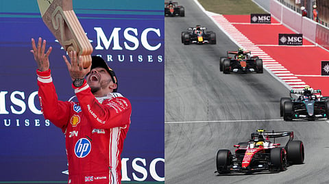 HAMILTON celebrates on the podium after giving Ferrari its first victory of the season at the Catalonia Grand Prix.