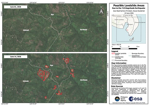 Satellite images released by the Philippine Space Agency (PhilSA) show possible landslide-affected areas in Glan, Sarangani, following the magnitude 7.8 earthquake that struck Mindanao on 8 June.