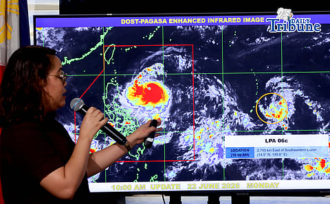(June 22 2026) Philippine Atmospheric, Geophysical and Astronomical Services Administration PAGASA weather forecaster Charmagne Varilla, show the projected track of Typhoon Francisco (international name: Mekkhala) and the new LPA outside the PAR during a press conference on Monday June 22, 2026. The center of the eye of Typhoon FRANCISCO was estimated based on all available data at 620 km East of Tuguegarao City, Cagayan (17.5°N, 127.6°E). Intensity Maximum sustained winds of 155 km/h near the center, gustiness of up to 190 km/h, and central pressure of 955 hPa. Present Movement West northwestward at 15 km/h Extent of Tropical Cyclone Winds Strong to typhoon-force winds extend outwards up to 420 km. Photo/Analy Labor
