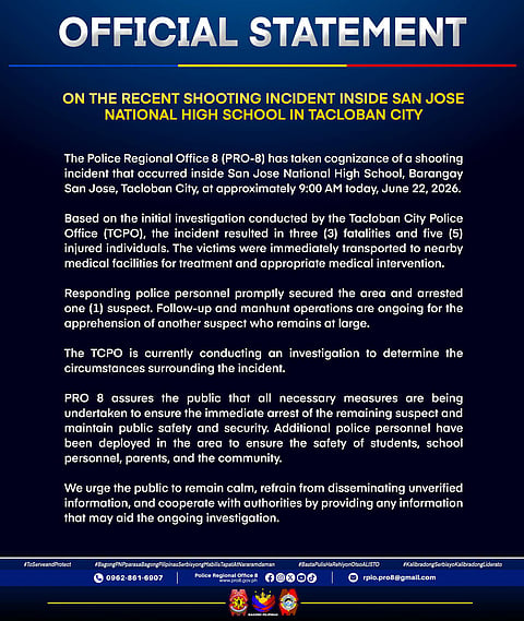 PRO8 issues statement on Tacloban City school shooting 