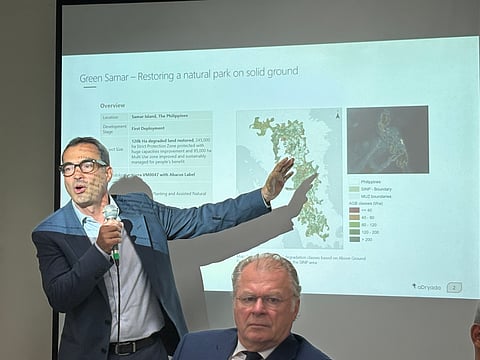Pierre Francois Forestier, GREEN SAMAR BioSPV Chief Executive Director discusses the Green Samar Project, which aims to restore up to 120,000 hectares of degraded forest within Samar Island Natural Park on Tuesday, 23 June at the DENR Central Office. 