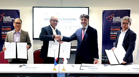 STRENGTHENED PARTNERSHIP. Clark International Airport Corporation (CIAC) President and CEO Jojit Alcazar (second from left) and Jamco Philippines Inc. President Giovanni Atzei (second from right) signed the lease agreement for the expansion of the operations of the Japanese company to increase the production of advanced aircraft interior components supplied to Airbus in Toulouse, France, and Boeing in South Carolina and Seattle, Washington in the United States. Jamco Philippines committed to invest at least P600 million within the first three years and increase its workforce from approximately 450 employees today to as many as 1,400 personnel upon completion of the expansion in 2028. Witnessing the signing are CIAC Director Rommel Santiago (left) and Jamco Philippines Inc. Vice-President Motonori Kikuchi.
