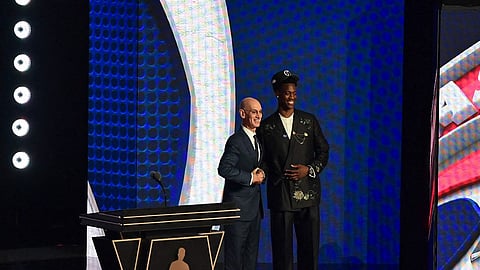 AJ Dybantsa poses for a photo after being drafted first overall during the 2026 NBA Draft - Round One on June 23, 2026 at Barclays Center in Brooklyn, New York.