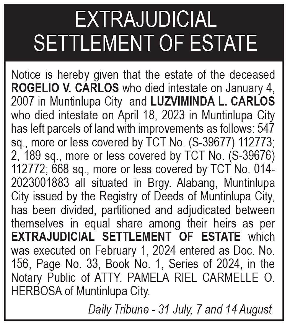 Extrajudicial Notification Extrajudicial Settlement of Estate