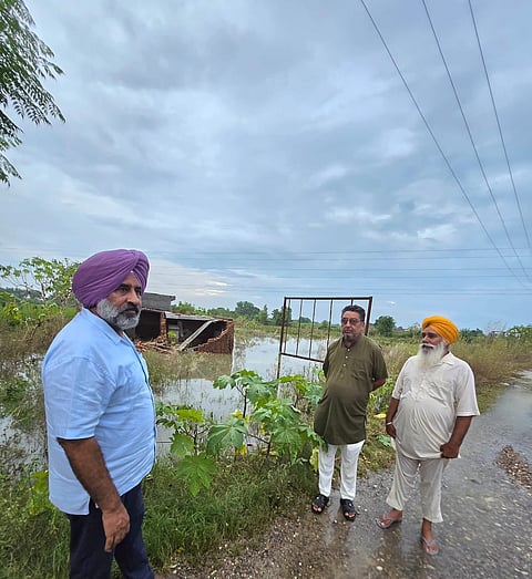MLA Pargat Singh inspecting flood-hit areas in Jalandhar Cantt after Chitti Bein overflow.