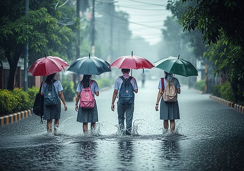 School Children Walking in Rain AI Image