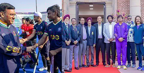 Nitin Kohli, Union Minister Mandaviya at 100 years hockey celebration