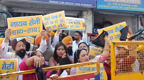 AAP greets Haryana CM Nayab Saini with black flags in Ludhiana