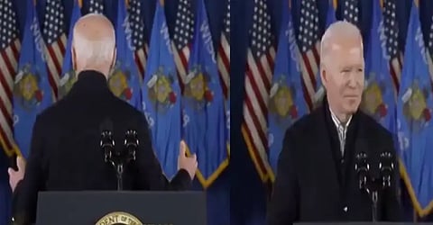 US President Joe Biden hugs 'invisible person' after speech in bizarre video; Netizens sense 'dementia'