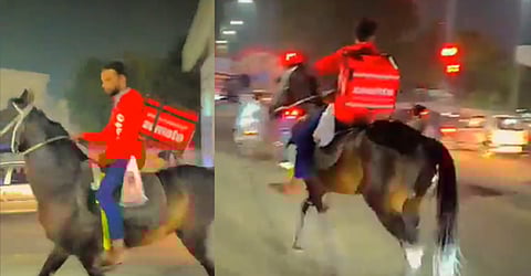 Hyderabad Zomato boy delivers food on horse amid fuel crisis in hilarious viral video