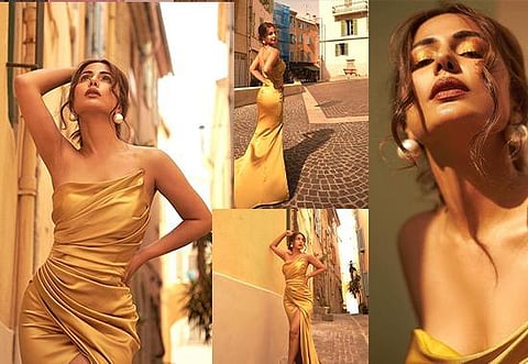 Cannes 2022: Hina Khan sets temperature soaring in a silky golden dress for red carpet; Pics