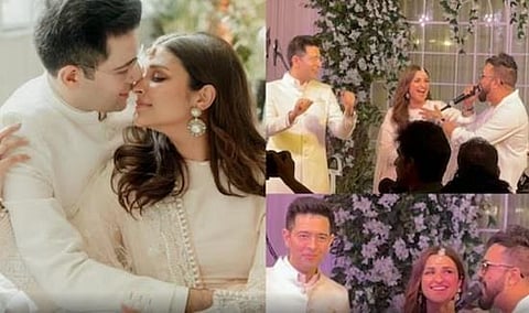 Watch Parineeti Chopra and Raghav Chadha dance to Mika Singh's hit tracks at their engagement party, check out the video.