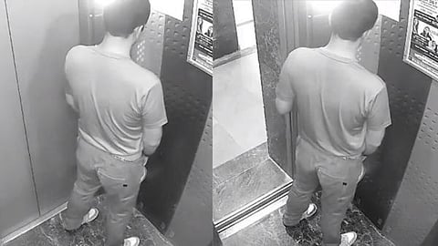 A shocking CCTV still showing a man urinating inside a residential lift, triggering massive outrage across social media platforms.