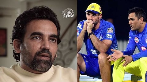 CSK's new coach Zaheer Khan, former coach Stephen Fleming, and MS Dhoni.