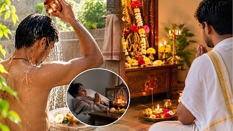 Bathing before the puja