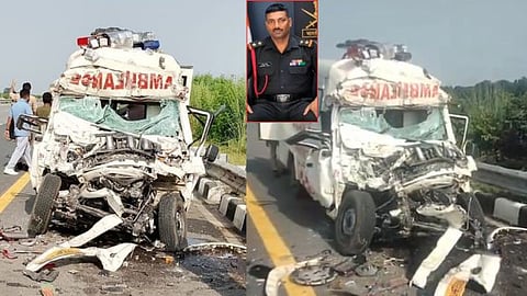 The scene of the accident involving a soldier's ambulance and a truck on the Purvanchal Expressway.
