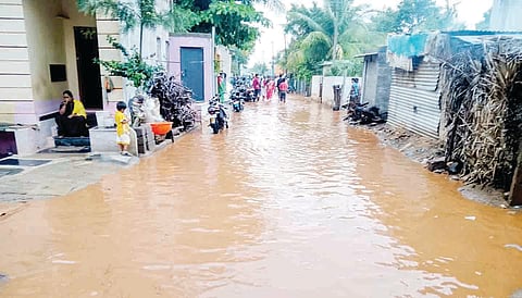ಕವಲೂರು ಗ್ರಾಮದಲ್ಲಿ ಸೋಮವಾರ ಸುರಿದ ಮಳೆಯಿಂದ ಜನತಾ ಪ್ಲಾಟ್‌ಗೆ  ನೀರು ನುಗ್ಗಿರುವುದು.