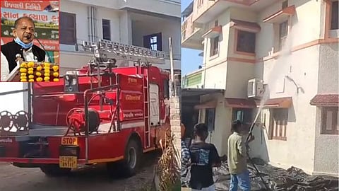 Fire brigade vehicle used to clean the residence of BJP MLA Bachubhai Khabad.