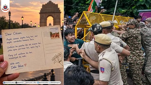 Delhi Police security at Jantar Mantar and a copy of the open letter addressed to the protesters.