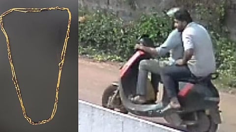 ಆರೋಪಿಗಳಿಂದ ವಶಪಡಿಸಿಕೊಂಡ ಚಿನ್ನದ ಸರ ಹಾಗೂ ಮಹಿಳೆಯ ಸರ ಸುಲಿಗೆ ಮಾಡಿ ಬೈಕ್​ನಲ್ಲಿ ಪರಾರಿಯಾಗಿದ್ದ ಆರೋಪಿಗಳು.