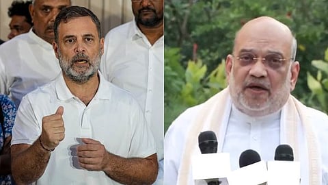 Union Home Minister Amit Shah launching a verbal attack against the Congress and Rahul Gandhi in Delhi.