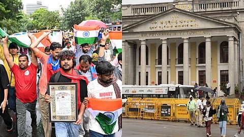 Police personnel stationed at the site following the denial of permission for the ‘Tiranga March’ that had been organized from Bengaluru’s Town Hall to Mysore Bank Circle.