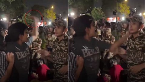 Visuals of a woman assaulting a CRPF soldier at Connaught Place in Delhi