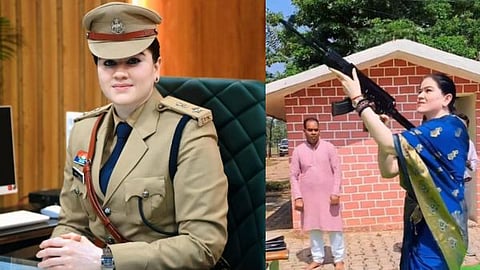 Chhattisgarh IPS officer Ankita Sharma, dressed in a saree, practicing shooting with an AK-47 rifle.