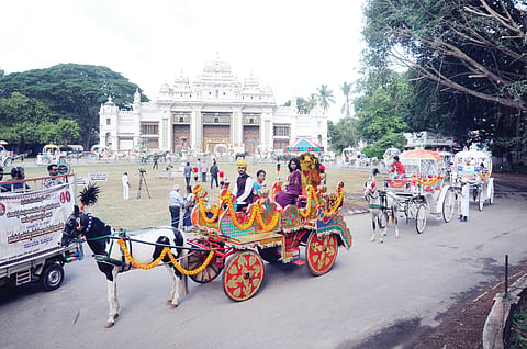 A couple who attracted attention by riding a traditional tonga.