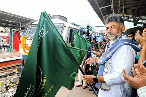 
Chief Minister D.K. Shivakumar flagged off the 'Golden Chariot' train—an initiative of the Karnataka State Tourism Development Corporation—at the KSR Bengaluru Railway Station on Saturday. Tourism Minister K.J. George, Secretary Dr. Ram Prasath Manohar, and others were present.