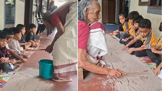 ಮರಳಿನ ಮೇಲೆ ಅಕ್ಷರ ಕಲಿಕೆ: ಪೆಪರ್-ಪೆನ್ ಇಲ್ಲದೆ ಮಕ್ಕಳಿಗೆ ಪಾಠ ಪಾಠ ಮಾಡೋ ಕೇರಳದ ಅಜ್ಜಿ | Viral teaching