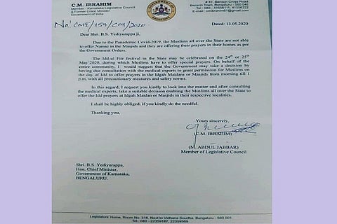 CM Ibrahim letter to CM BSY 14 MAY 20