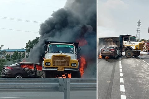 lorry and car fire