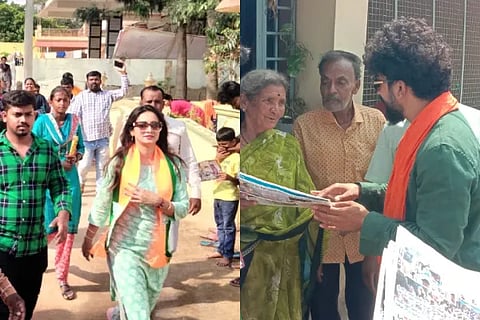 actress Harshika Poonachcha and Bhuvan Ponnanna campaigned for election