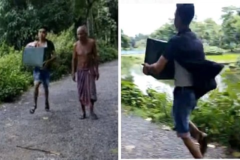 man run with box