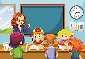 Teacher teaching students in the classroom scene