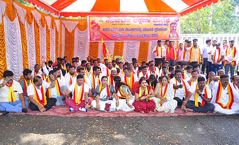 ಎಲ್ಲ ತಾಲೂಕುಗಳನ್ನು ಬರಪೀಡಿತ ಪಟ್ಟಿ ಸೇರಿಸಿ:ಕರವೇ ವತಿಯಿಂದ ಧರಣಿ