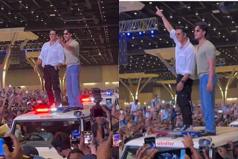 So disrespectful Akshay Kumar Tiger Shroff's entry on top of police car at Umang 2023 stirs criticism