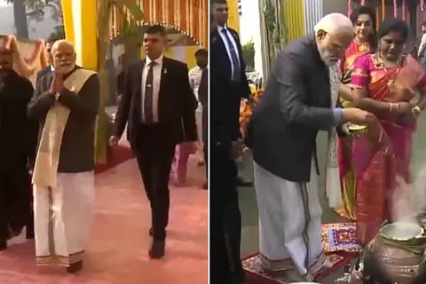 PM Modi Wears South Indian Lungi To Take Part In Pongal Celebrations At MoS L Murugans Residence In Delhi