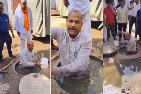 BJP Councillor Cleans Choked Sewer In Gwalior