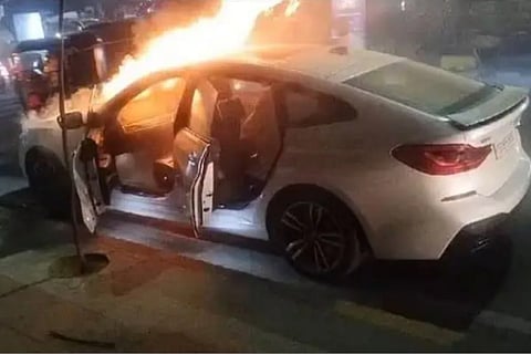 Moving BMW car catches fire in Hyderabad